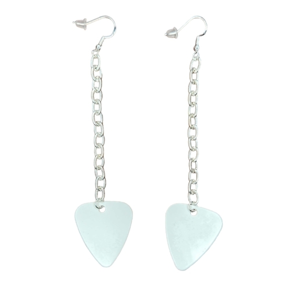 Boo Ghost on Chain Guitar Pick Earrings White Black Sterling Silver - Picture 3 of 4